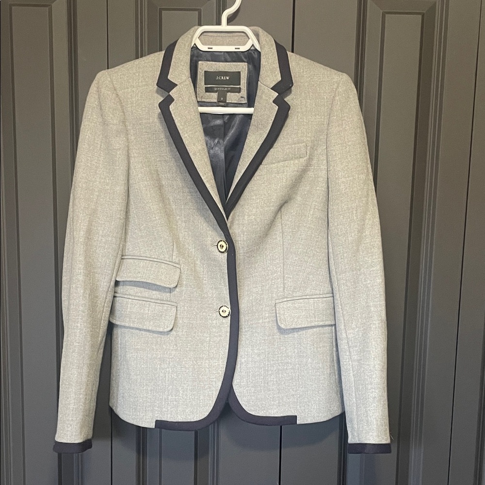 J. Crew Women's school Boy 100% wool Gray Blazer with Dark Navy Trim